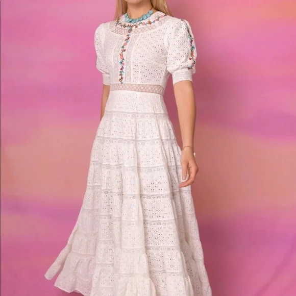 green emerald velvet dress Carey Linen Midi Dress in White Meadow Embroidery Ivory main image 1